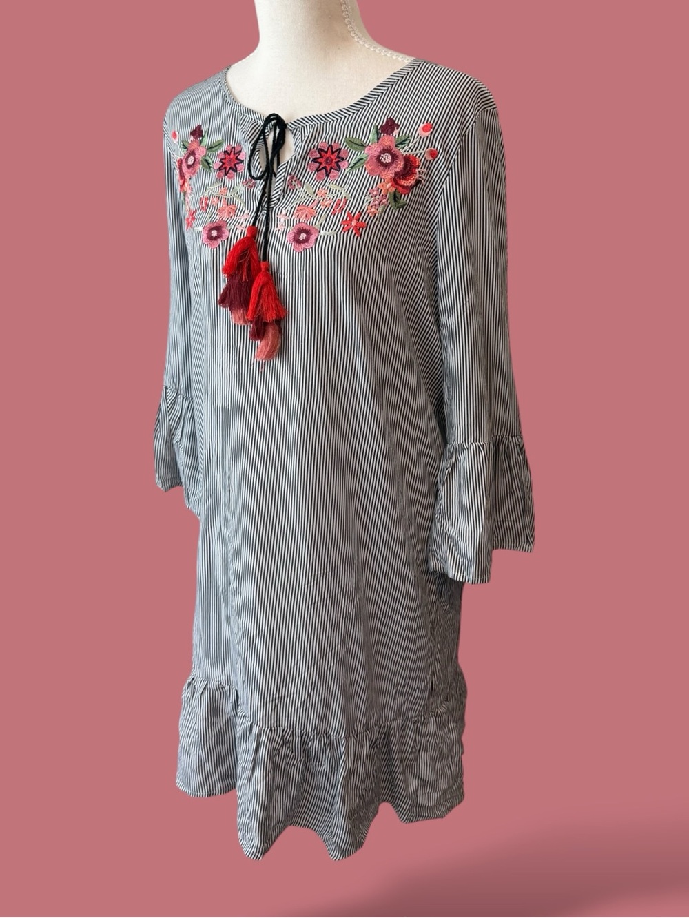 Harmony & Havoc Striped Boho Tunic Dress – Floral Embroidery & Tassels-Medium